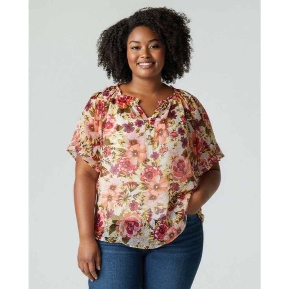 Fig & Flower Anthropologie floral flutter sleeve blouse 1X Boho Cottagecore